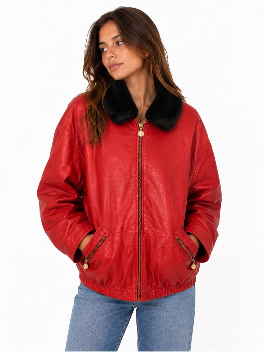 Braefair Leather Jacket Womens XL Red Faux Fur Collar Vintage Bomber Zip Up